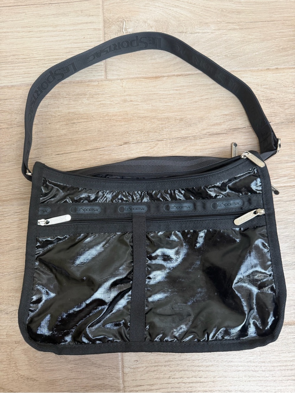 Lesportsac Black Gloss Nylon Messenger Bag with Adjustable Strap